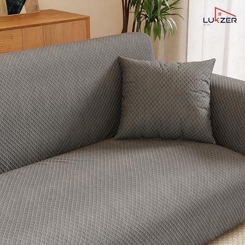 Lukzer 3 Seater Sofa Cover - Pastel Dark Grey Curved Diamond Pattern | 220 GSM Universal Textured Polyester Fabric Couch Protector | Anti Slip & Washable Sofa Slipcover | (180-230cm/SC-150-03) - Image 5