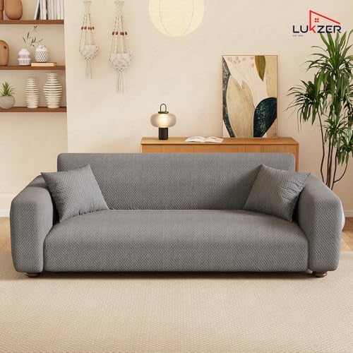 Lukzer 3 Seater Sofa Cover - Pastel Dark Grey Curved Diamond Pattern | 220 GSM Universal Textured Polyester Fabric Couch Protector | Anti Slip & Washable Sofa Slipcover | (180-230cm/SC-150-03) - Image 4