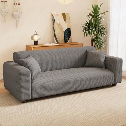 Lukzer 3 Seater Sofa Cover - Pastel Dark Grey Curved Diamond Pattern | 220 GSM Universal Textured Polyester Fabric Couch Protector | Anti Slip & Washable Sofa Slipcover | (180-230cm/SC-150-03) - Image 3