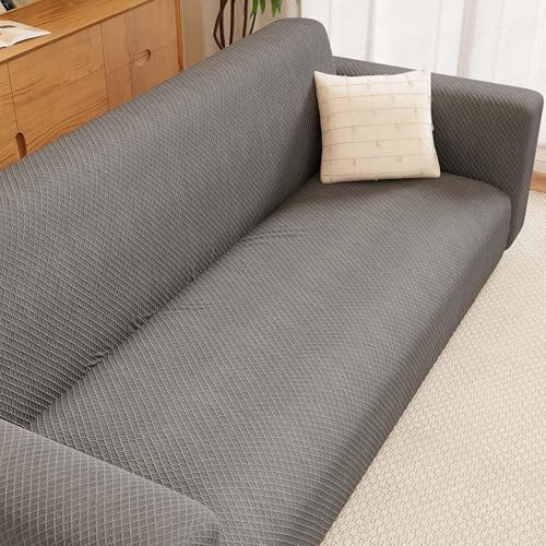 Lukzer 3 Seater Sofa Cover - Pastel Dark Grey Curved Diamond Pattern | 220 GSM Universal Textured Polyester Fabric Couch Protector | Anti Slip & Washable Sofa Slipcover | (180-230cm/SC-150-03) - Image 1