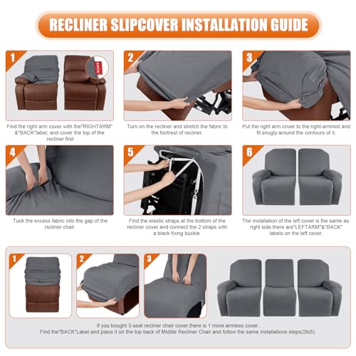 VANSOFY Recliner Cover, 3-Pieces Stretch Reclining Couch Covers with Pockets Reclining Sofa Slipcovers 3 Seater Soft Washable Furniture Protector for Dogs Cats(Dark Gray) - Image 3
