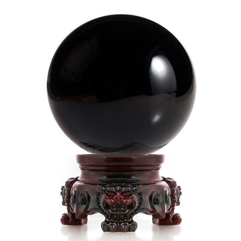 Amlong Crystal 3 inch 80mm Black Crystal Ball with Redwood Lion Resin Stand and Gift Box for Decorative Ball Lensball Photography Gazing Divination or Feng Shui and Fortune Telling Ball