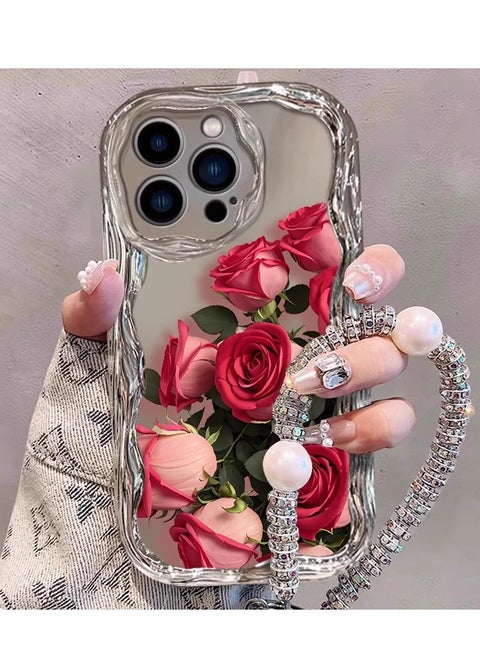 Rose Flower Electroplated Wave Design Case for iPhone 16 / 16 Pro / 16 Pro Max, Shiny Mirror-Plated Floral Pattern, Shockproof Soft TPU, Full-Body Protection, Lightweight & Durable with Bracelets
