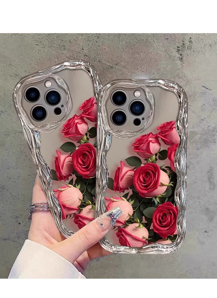 Generic - Rose Flower Electroplated Wave Design Case for iPhone 16 / 16 Pro / 16 Pro Max, Shiny Mirror-Plated Floral Pattern, Shockproof Soft TPU, Full-Body Protection, Lightweight & Durable with Bracelets - Image 1