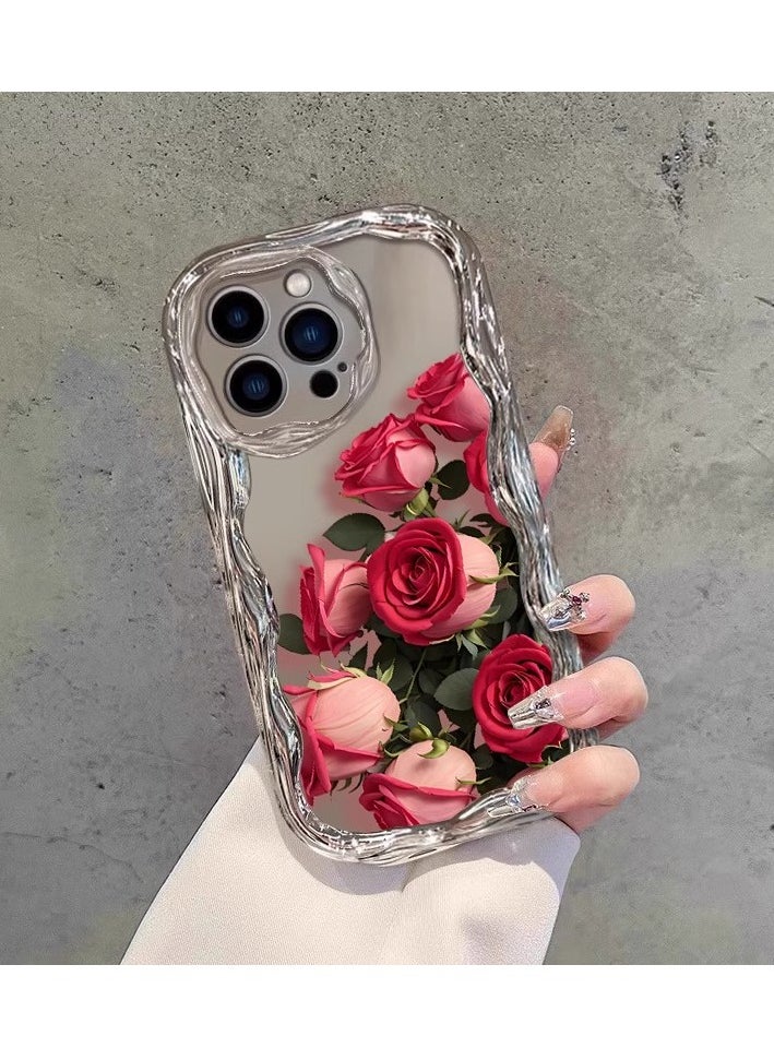 Generic - Rose Flower Electroplated Wave Design Case for iPhone 16 / 16 Pro / 16 Pro Max, Shiny Mirror-Plated Floral Pattern, Shockproof Soft TPU, Full-Body Protection, Lightweight & Durable with Bracelets - Image 1