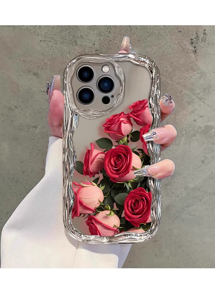 Generic - Rose Flower Electroplated Wave Design Case for iPhone 16 / 16 Pro / 16 Pro Max, Shiny Mirror-Plated Floral Pattern, Shockproof Soft TPU, Full-Body Protection, Lightweight & Durable with Bracelets - Image 1