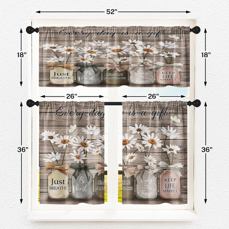 Tayney Floral Kitchen Window Curtains Valance and Tier Set 36 Inch, Watercolor Forest Mountains Trees Rod Pocket Short Tier Curtain, Modern Ink Spring Small Cafe Drapes for Kitchen Decor - Image 4