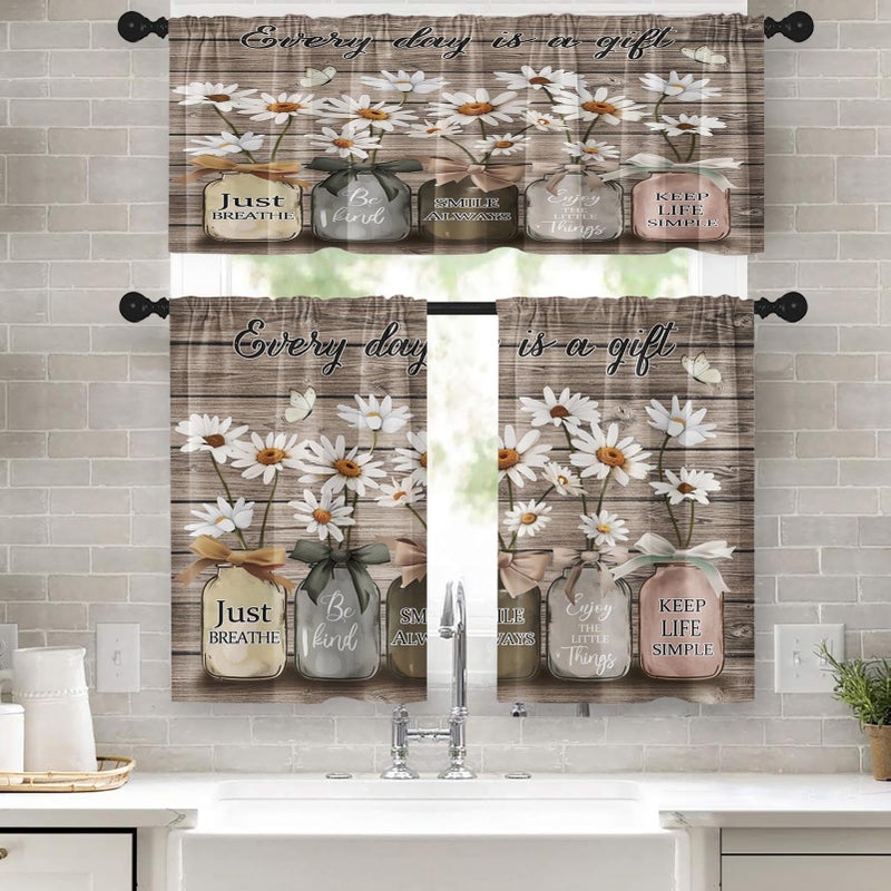 Tayney Floral Kitchen Window Curtains Valance and Tier Set 36 Inch, Watercolor Forest Mountains Trees Rod Pocket Short Tier Curtain, Modern Ink Spring Small Cafe Drapes for Kitchen Decor - Image 1