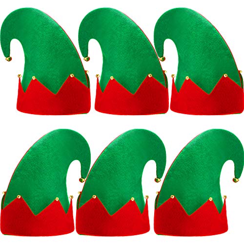 SATINIOR 6 Pcs Christmas Elf Felt Hat Xmas Red and Green Santa Elf Hats with Bells for Kids Adults Xmas Holiday Favors Gifts Party Accessories - Image 1