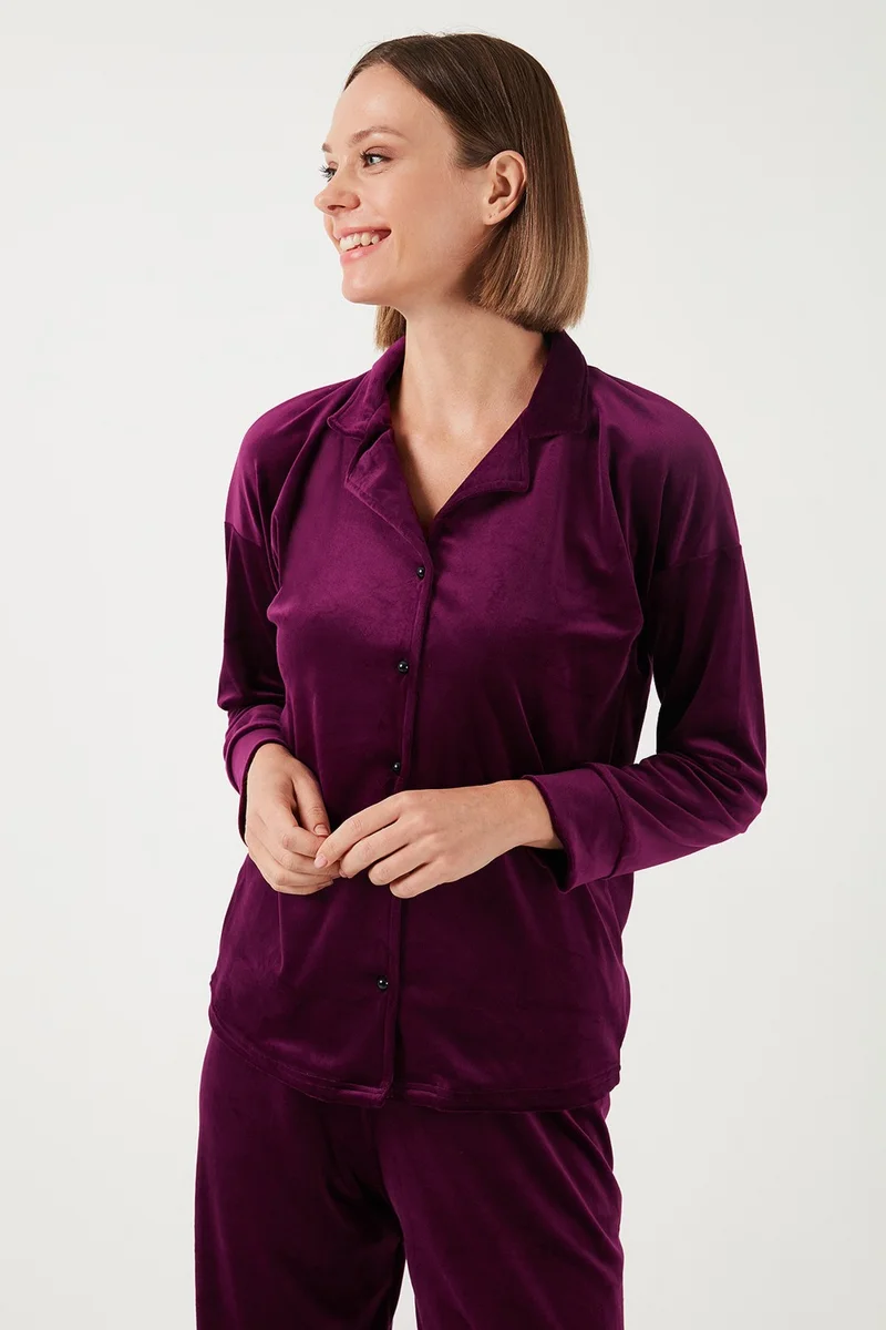 ليلا Regular Fit Shiny Velvet Ribbed Pajama Set Women's Pajama Set 6097110