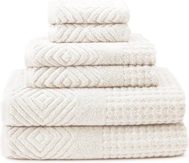 TexereSilk Texere 100% Organic Cotton Diamond Jacquard Luxury Bath Towel Sets - Soft and Absorbent Hotel and Spa Quality - 2 Large Bath Towels, 2 Hand Towels, 2 Washcloths (Diamond, Cream, 6 Piece) - Image 1