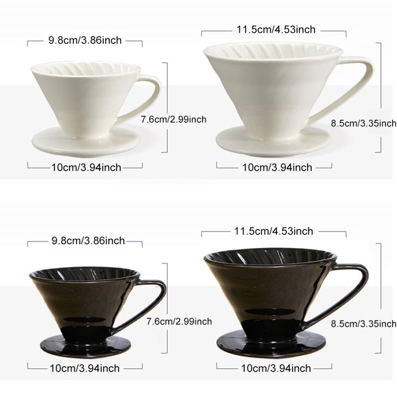 V60 Style Conical Coffee Filter Cup White Ceramic Spiral Pattern Inner Wall Design - Single Hole Ear-Shaped Handle for Hand Brewed Coffee - Image 2