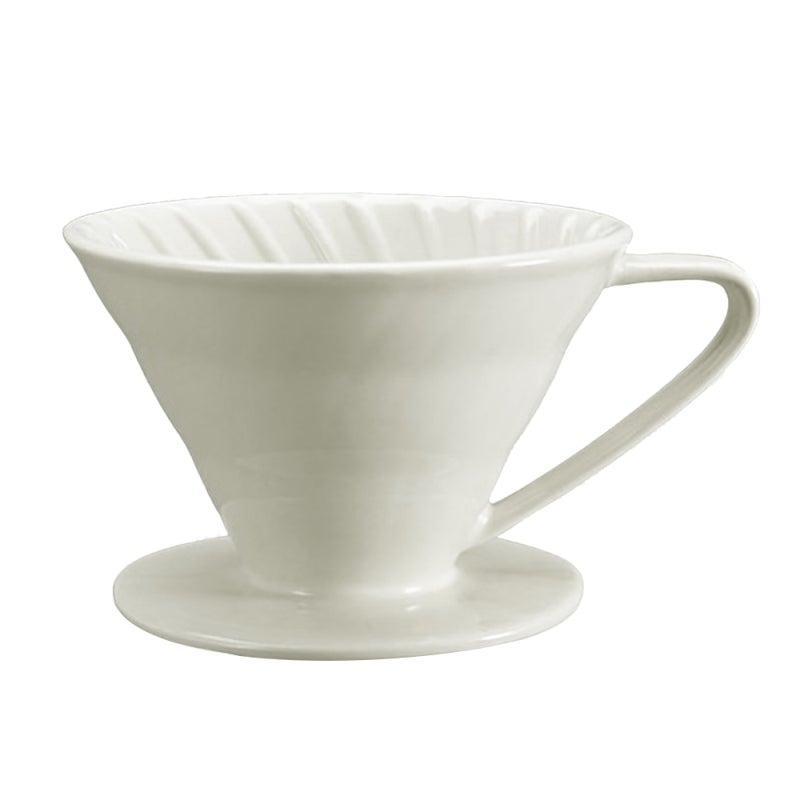 V60 Style Conical Coffee Filter Cup White Ceramic Spiral Pattern Inner Wall Design - Single Hole Ear-Shaped Handle for Hand Brewed Coffee - Image 1