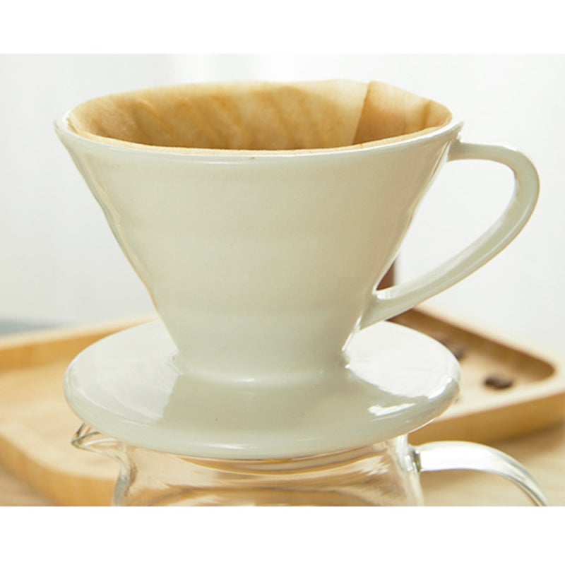 V60 Style Conical Coffee Filter Cup White Ceramic Spiral Pattern Inner Wall Design - Single Hole Ear-Shaped Handle for Hand Brewed Coffee - Image 4