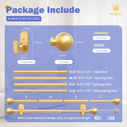 TKZTKZ Curtain Rods No Drilling for Windows 36 to 88 Inch:No Drill Small Gold Curtain Rod with Adhesive Brackets for Bedroom,5/8" Apartment Renter Friendly Adjustable Drapery Rods Easy Install - Image 5