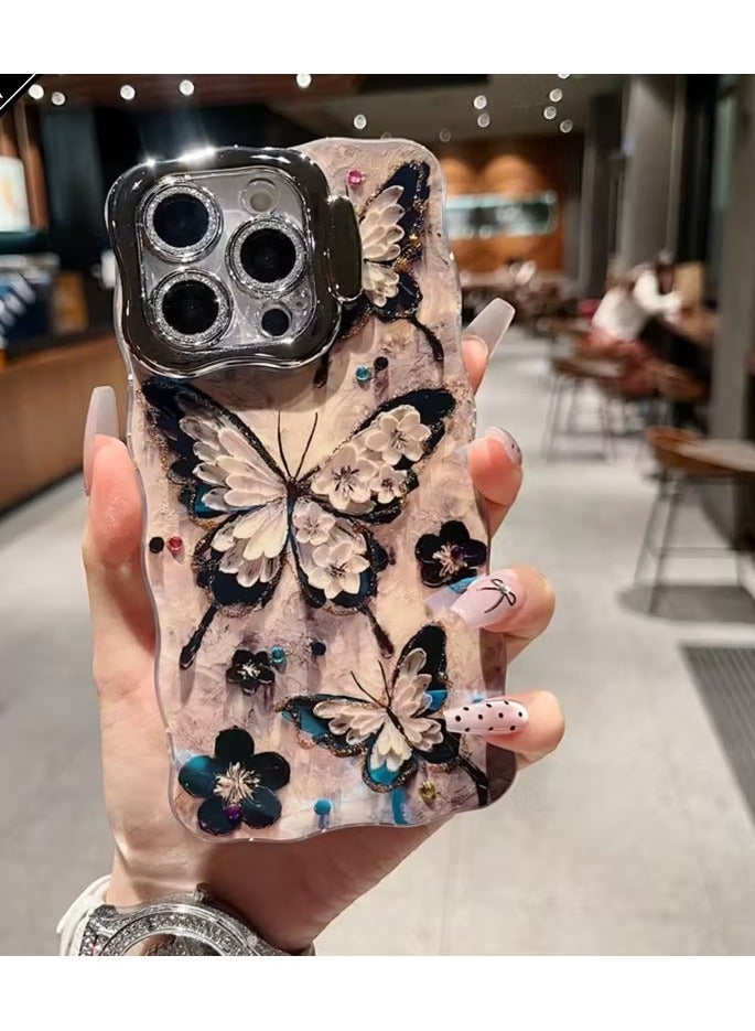 Temu Latest Luxury Y2K Laser Blue Butterfly Flower Design Mobile Phone Case + Irregular Wavy Edge + Invisible Bracket + Anti-fall Dubramen Protection, Suitable for iPhone 16 Pro Max