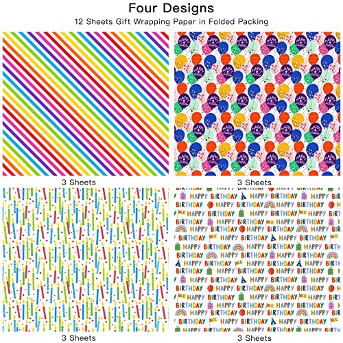 WRAPAHOLIC Birthday Wrapping Paper Sheet - 12 Sheets Folded Flat with 12 Gift Tags for Party, Baby Shower - 19.7 Inch X 27.5 Inch Per Sheet - Image 5