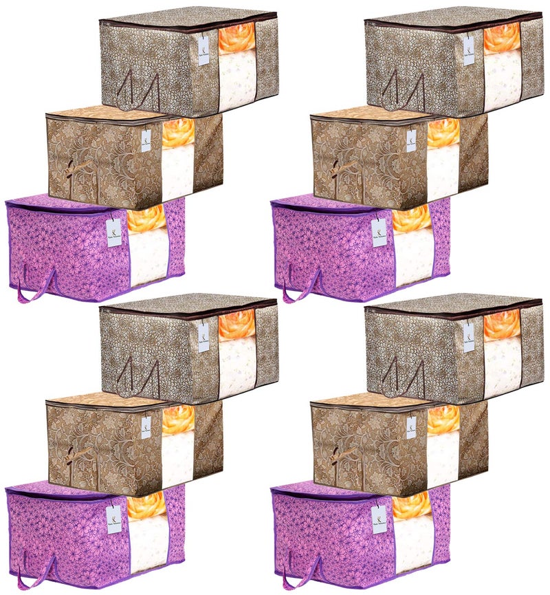 Kuber Industries Metalic Printed 12 Piece Non Woven Fabric Underbed Storage BagCloth OrganiserBlanket Cover with Transparent Window Pink Purple Golden Brown Beige CTKTC41275 - Image 1