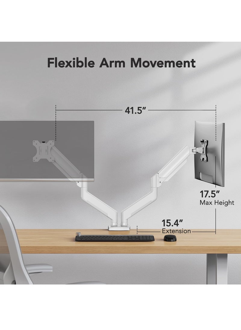 FlashHawk - Dual Monitor Mount for 17 to 32 inch Screen, Each Arm Holds Max 10Kg, Gas Spring Dual Monitor Stand, Height Adjustable/Tilt/Swivel/Rotate, VESA 75mm or 100mm White - Image 1