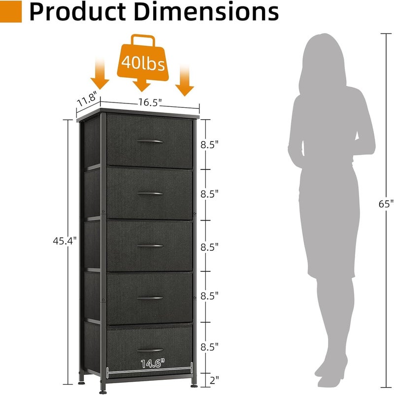 SKY-TOUCH 5 Chest of Drawers, Vertical Storage Drawers Tower Fabric Chest Dresser, Tall Organizer Dresser for Bedroom, Nursery, Closets, Sturdy Steel Frame with Wooden Top, Black - Image 3