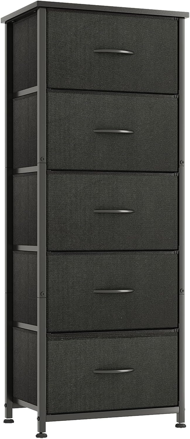 SKY-TOUCH 5 Chest of Drawers, Vertical Storage Drawers Tower Fabric Chest Dresser, Tall Organizer Dresser for Bedroom, Nursery, Closets, Sturdy Steel Frame with Wooden Top, Black - Image 2