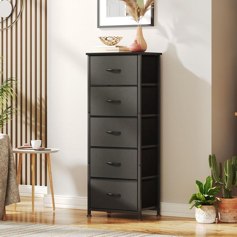 SKY-TOUCH 5 Chest of Drawers, Vertical Storage Drawers Tower Fabric Chest Dresser, Tall Organizer Dresser for Bedroom, Nursery, Closets, Sturdy Steel Frame with Wooden Top, Black - Image 1
