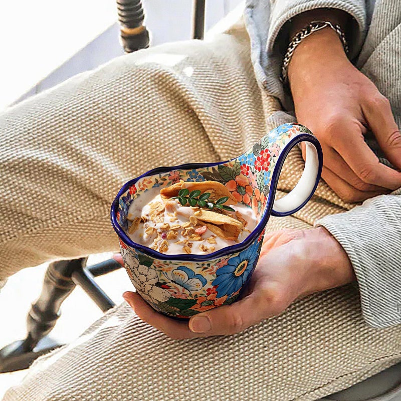 ALMA 2025 Updated Microwavable Soup Bowl with Large Long Handle,18oz Soup Bowl Giftable for Women,Unique Cereal Bowl for Soup,Yogurt,Snack,Chip,Stew,Ice cream-Wildflower Waltz Theme - Image 2