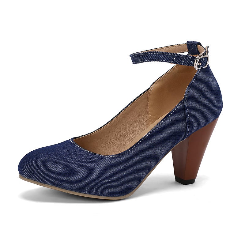 2024 Spring Classic Round Heels 31-48 Denim Plus Size Shallow Mouth Single Shoes - Image 1