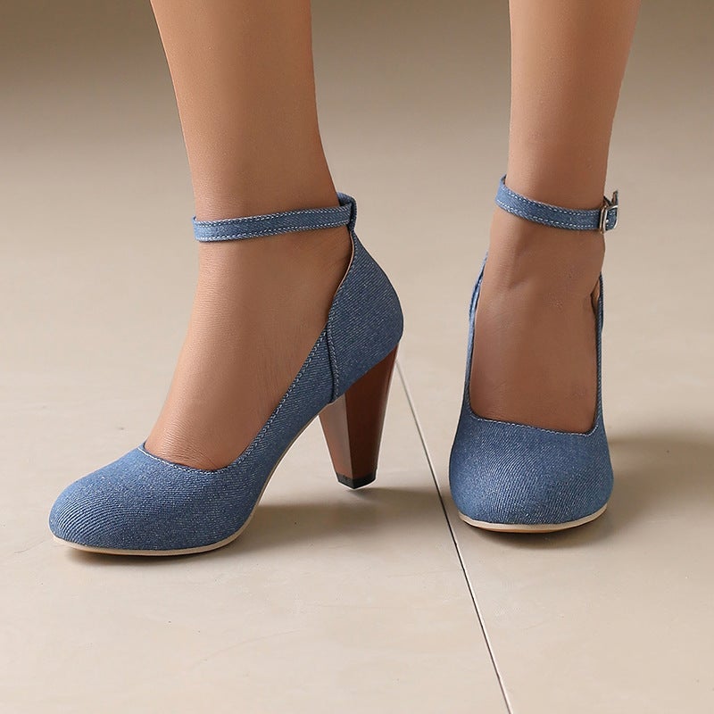 2024 Spring Classic Round Heels 31-48 Denim Plus Size Shallow Mouth Single Shoes - Image 3