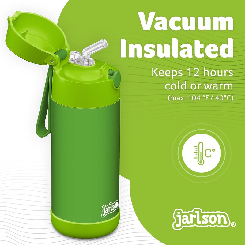 Jarlson قارورة مياه أطفال جارلسون® شارلي [12 أونصة] - قارورة ترمس فولاذية مقاومة للصدأ مع قشة - قارورة مياه معزولة مقاومة للانسكاب للمدرسة والرياضة - كوب ترمس للأولاد والبنات (أخضر) - Image 2