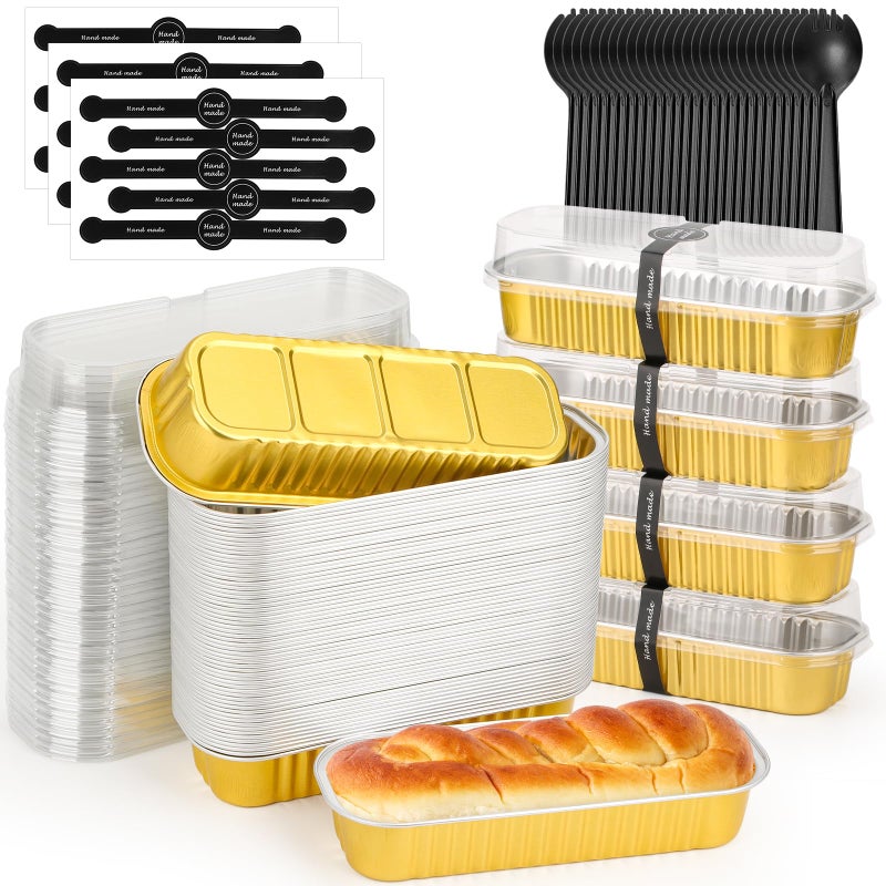 selizo 60 Pack 68oz Mini Loaf Baking Cake Pans with Lids Rectangle Disposable Aluminum Foil Loaf Baking Pans Small Baking Cake Tins Cup Cake Containers for Individual Cakes Gold - Image 2