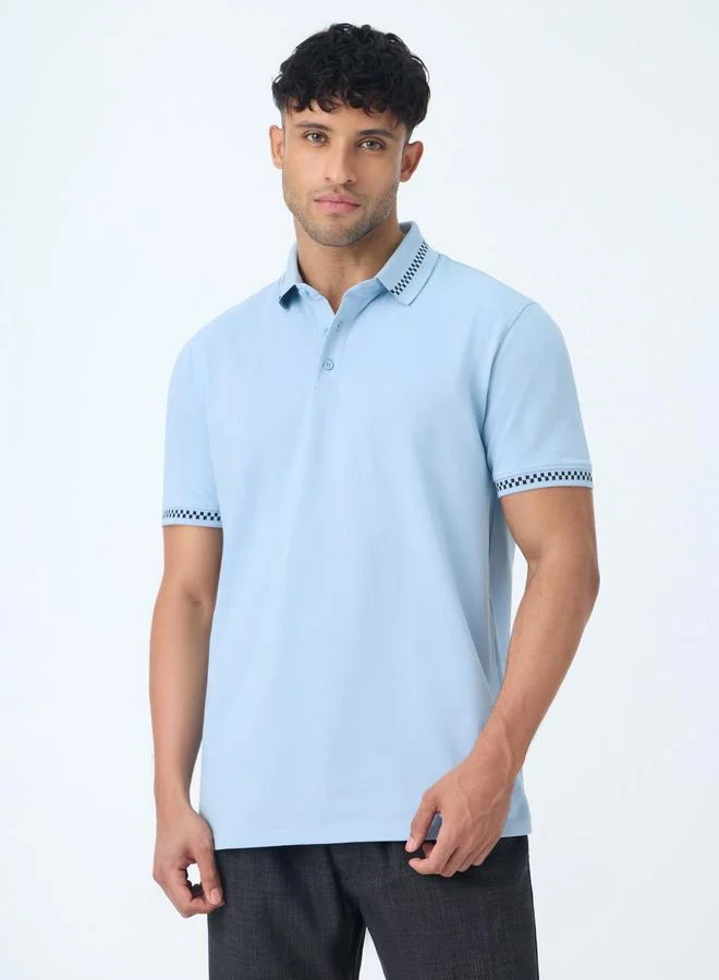 The Souled Store Blue Cotton Polo with Checkered Trim