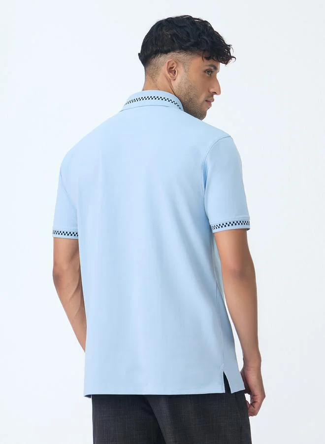 The Souled Store Blue Cotton Polo with Checkered Trim