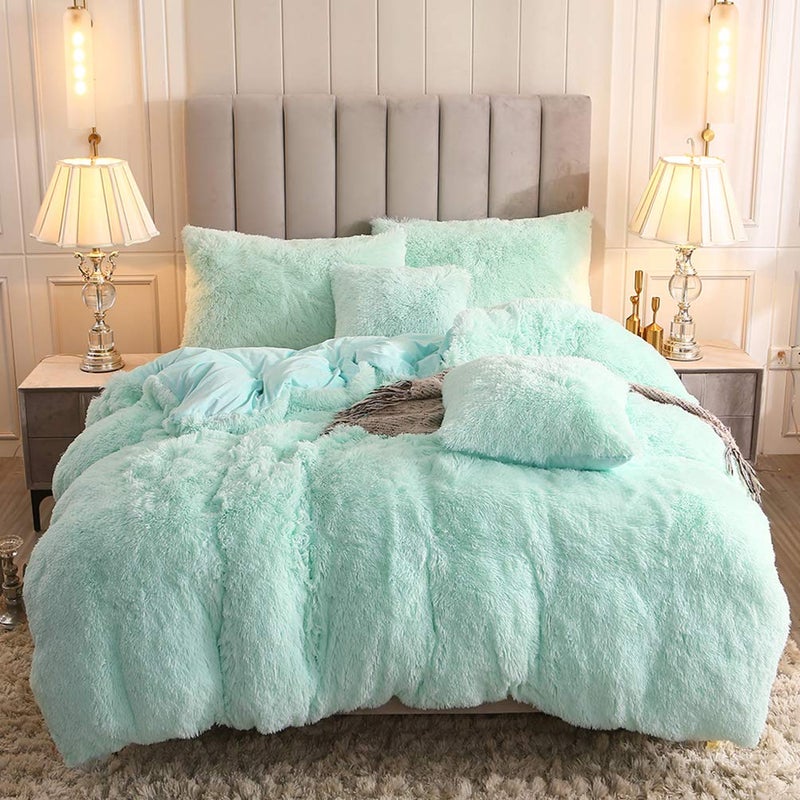 Uhamho Faux Fur Velvet Fluffy Bedding Duvet Cover Set Down Comforter Quilt Cover with Pillow Shams Ultra Soft Warm King Aqua