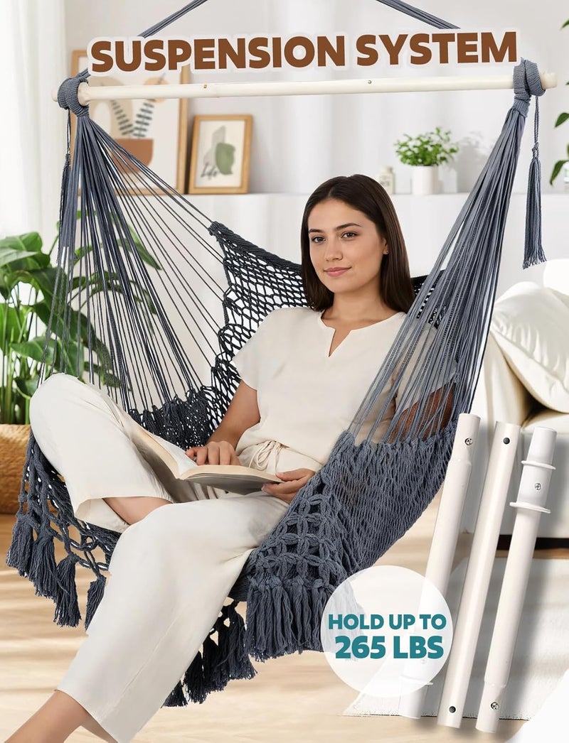 Chihee Hammock Chair Super Large Hanging Chair Soft-Spun Cotton Rope Weaving Chair, Collapsible Strong Metal Spreader Bar Wide Seat Lace Stretch Swing Chair Indoor Outdoor Garden Yard Theme Decoration - Image 5