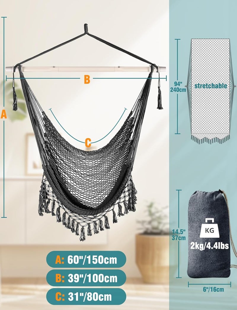 Chihee Hammock Chair Super Large Hanging Chair Soft-Spun Cotton Rope Weaving Chair, Collapsible Strong Metal Spreader Bar Wide Seat Lace Stretch Swing Chair Indoor Outdoor Garden Yard Theme Decoration - Image 4