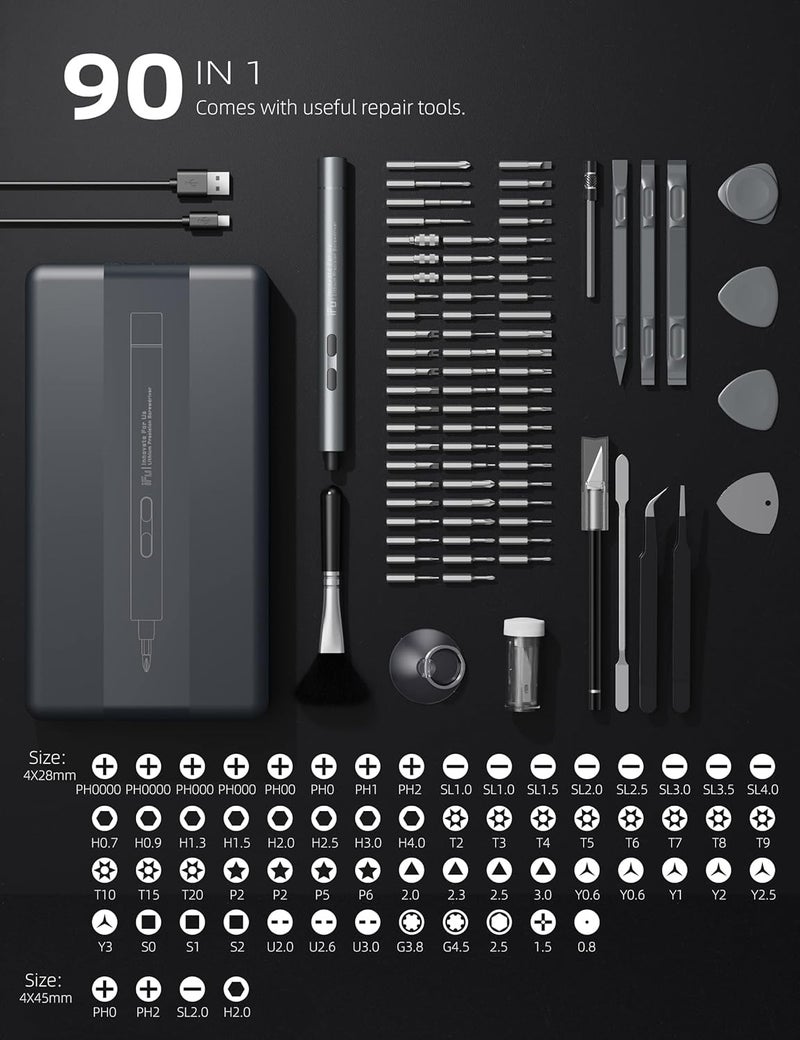 IfU Mini Electric Screwdriver, 90 in 1 Precision Screwdriver Set – Small Cordless Power Screwdriver with LED Light & 64 Magnetic Bits, Repair Tool for Phone Laptop Camera Watch Computer - Image 3