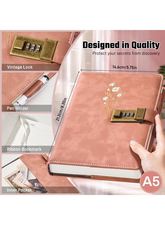 Ovesmusl Diary with Lock for Girls A5 Leather Diary for Women 260 Pages 100 GSM Refillable Journal with Lock for Teens Secrets Flower Journals with Combination Passwords, 5.7"x8.3", Pink - Image 3