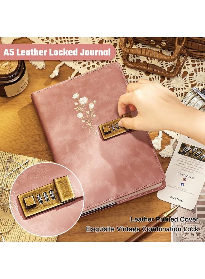 Ovesmusl Diary with Lock for Girls A5 Leather Diary for Women 260 Pages 100 GSM Refillable Journal with Lock for Teens Secrets Flower Journals with Combination Passwords, 5.7"x8.3", Pink - Image 5