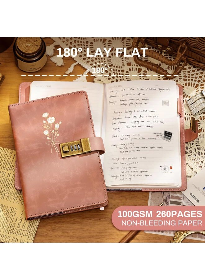 Ovesmusl Diary with Lock for Girls A5 Leather Diary for Women 260 Pages 100 GSM Refillable Journal with Lock for Teens Secrets Flower Journals with Combination Passwords, 5.7"x8.3", Pink - Image 4