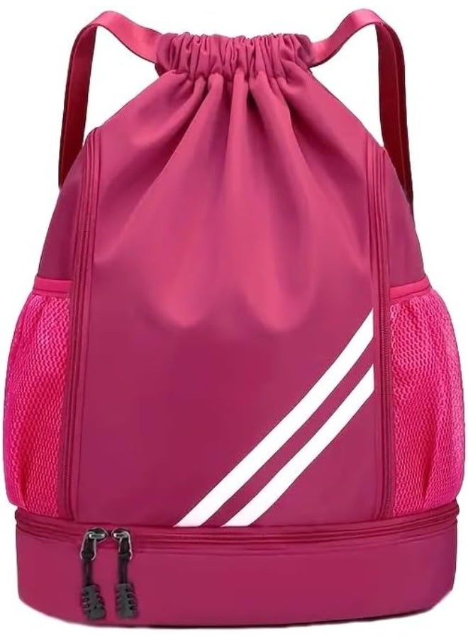 MXM Travel Sport Casual UNISEX Drawstring Backpack with Zipper, Large Capacity, Adjustable, Multiple Compts, Mesh Pocket for Gym, School, Laptop, Travels, Basketball & Football Outdoor (Rose Red) - Image 1