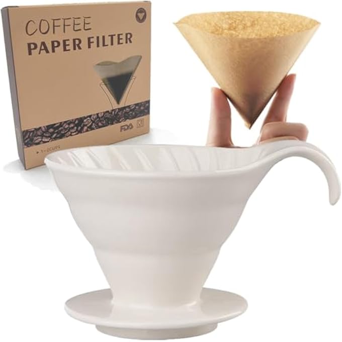 Moonmen Ceramic Pour Over Coffee Dripper V60 Ceramic Coffee Filter Cup Conical HandBrewed Coffee Filter Cup Single Hole Threaded Filter Cup With Filter Paper White - Image 1