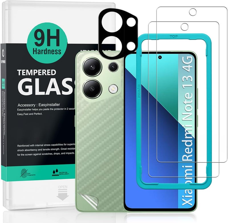 Ibywind 2 Pack Screen Protector For Xiaomi Redmi Note 13 4G 6.67",9H Hardness Tempered Glass,With 1Pc Camera Lens Protector,1Pc Back Carbon Fiber Film,Easy to install - Image 1