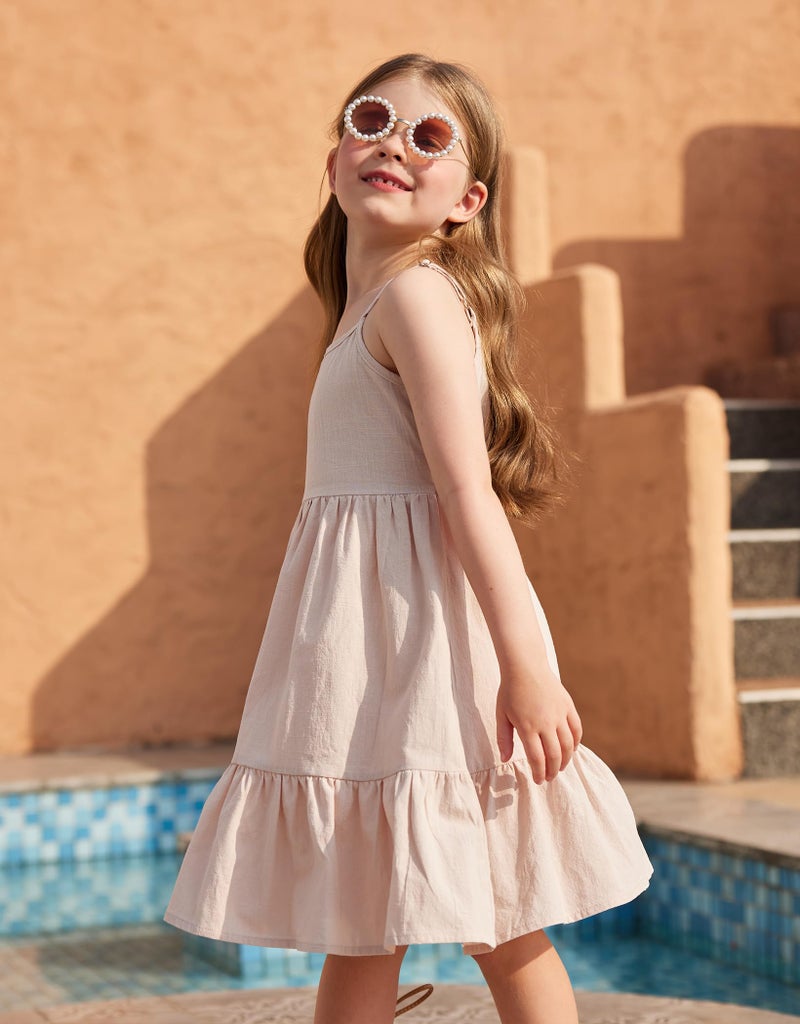 Arshiner Girls Summer Dress Sleeveless Casual Spaghetti Strap Linen A-Line Midi Cami Dresses Khaki 10-11 Years - Image 3