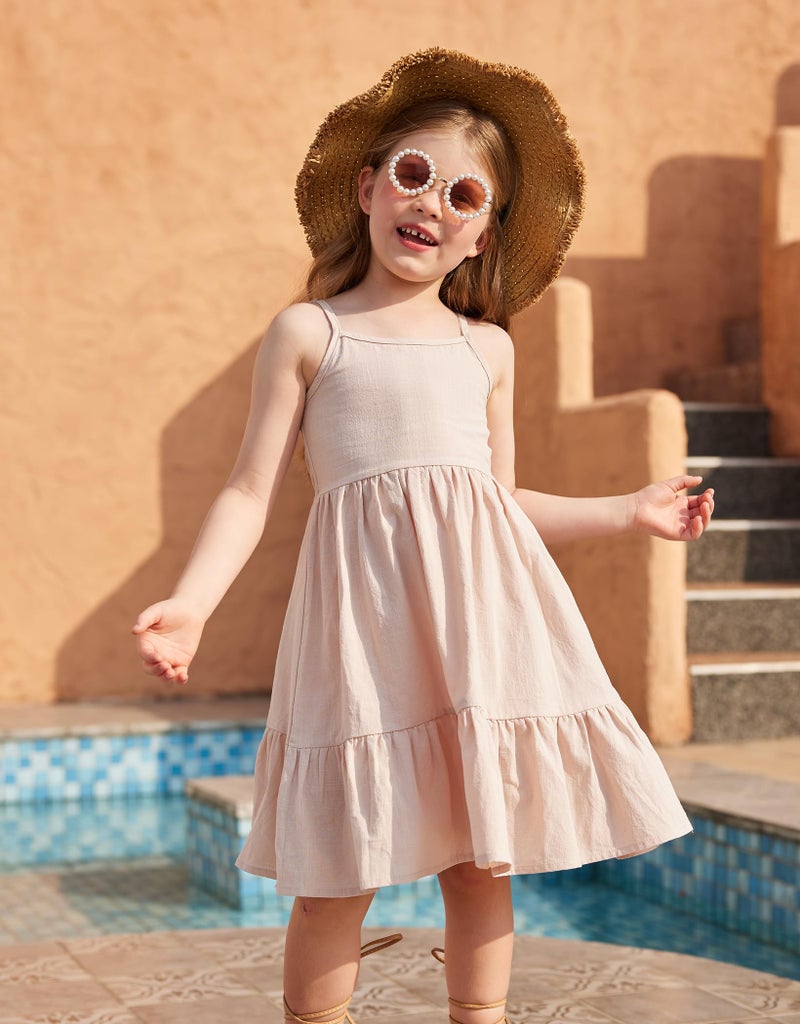 Arshiner Girls Summer Dress Sleeveless Casual Spaghetti Strap Linen A-Line Midi Cami Dresses Khaki 10-11 Years - Image 4