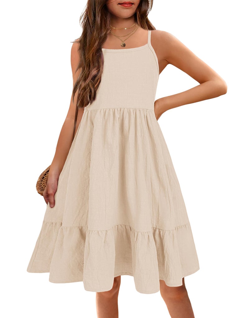 Arshiner Girls Summer Dress Sleeveless Casual Spaghetti Strap Linen A-Line Midi Cami Dresses Khaki 10-11 Years - Image 1