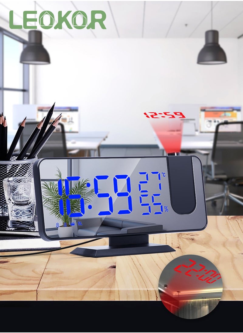 LEOKOR - Digital Projection Alarm Clock with USB Charger Temperature Humidity FM Radio, 7.4 Inch Oversized LED Clock Mirror Surface with Dimming Mode - Image 1