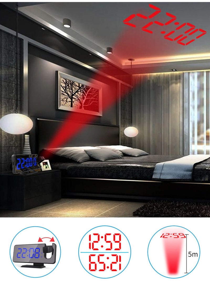 LEOKOR - Digital Projection Alarm Clock with USB Charger Temperature Humidity FM Radio, 7.4 Inch Oversized LED Clock Mirror Surface with Dimming Mode - Image 1