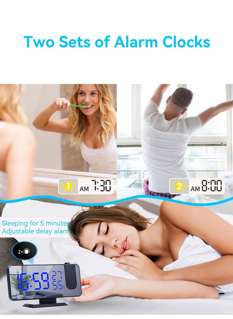 LEOKOR - Digital Projection Alarm Clock with USB Charger Temperature Humidity FM Radio, 7.4 Inch Oversized LED Clock Mirror Surface with Dimming Mode - Image 1