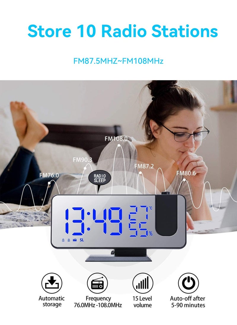 LEOKOR - Digital Projection Alarm Clock with USB Charger Temperature Humidity FM Radio, 7.4 Inch Oversized LED Clock Mirror Surface with Dimming Mode - Image 1